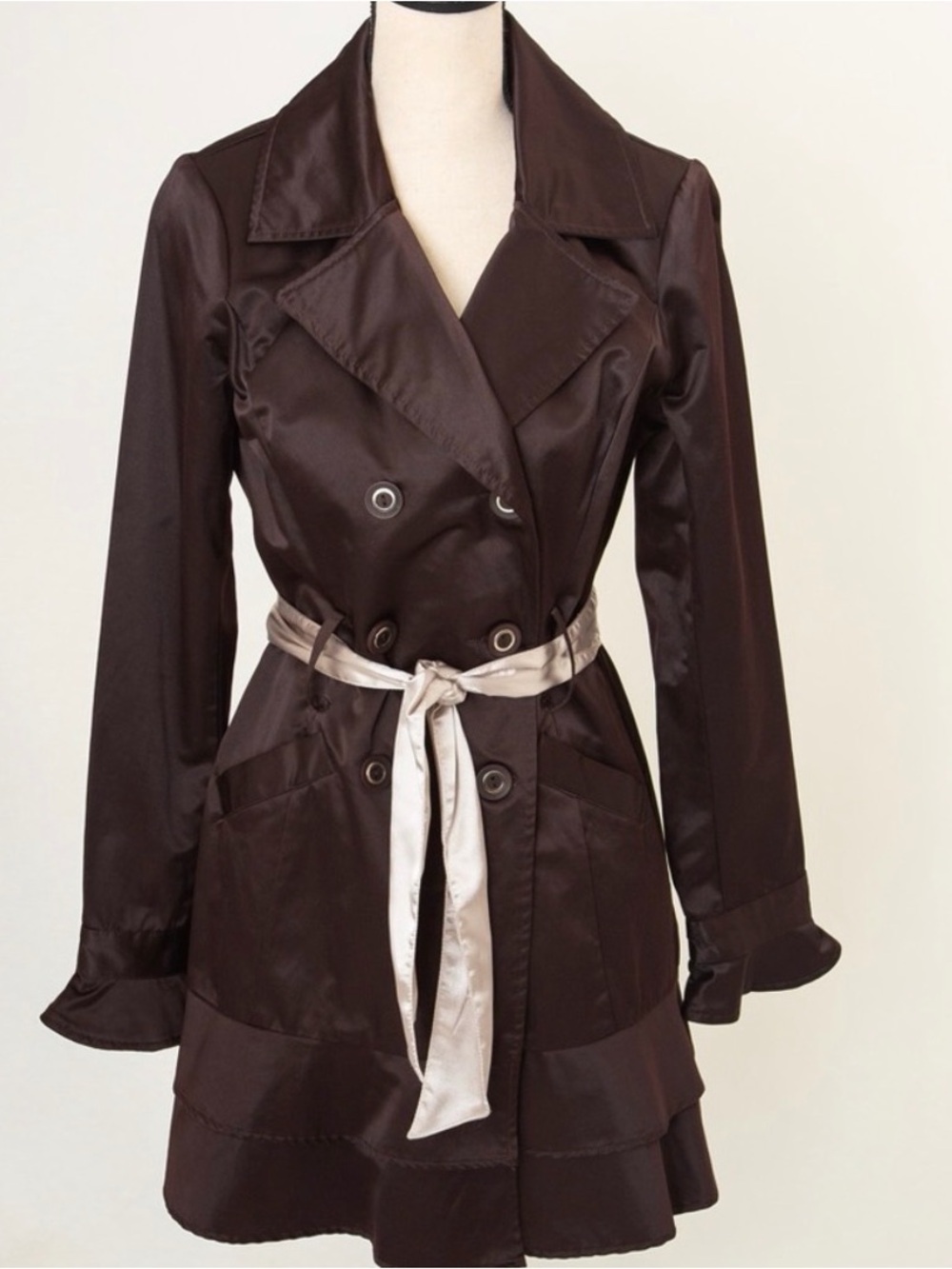 Vintage 90’s Chocolate brown trench coat silky belted Rampage L Jr